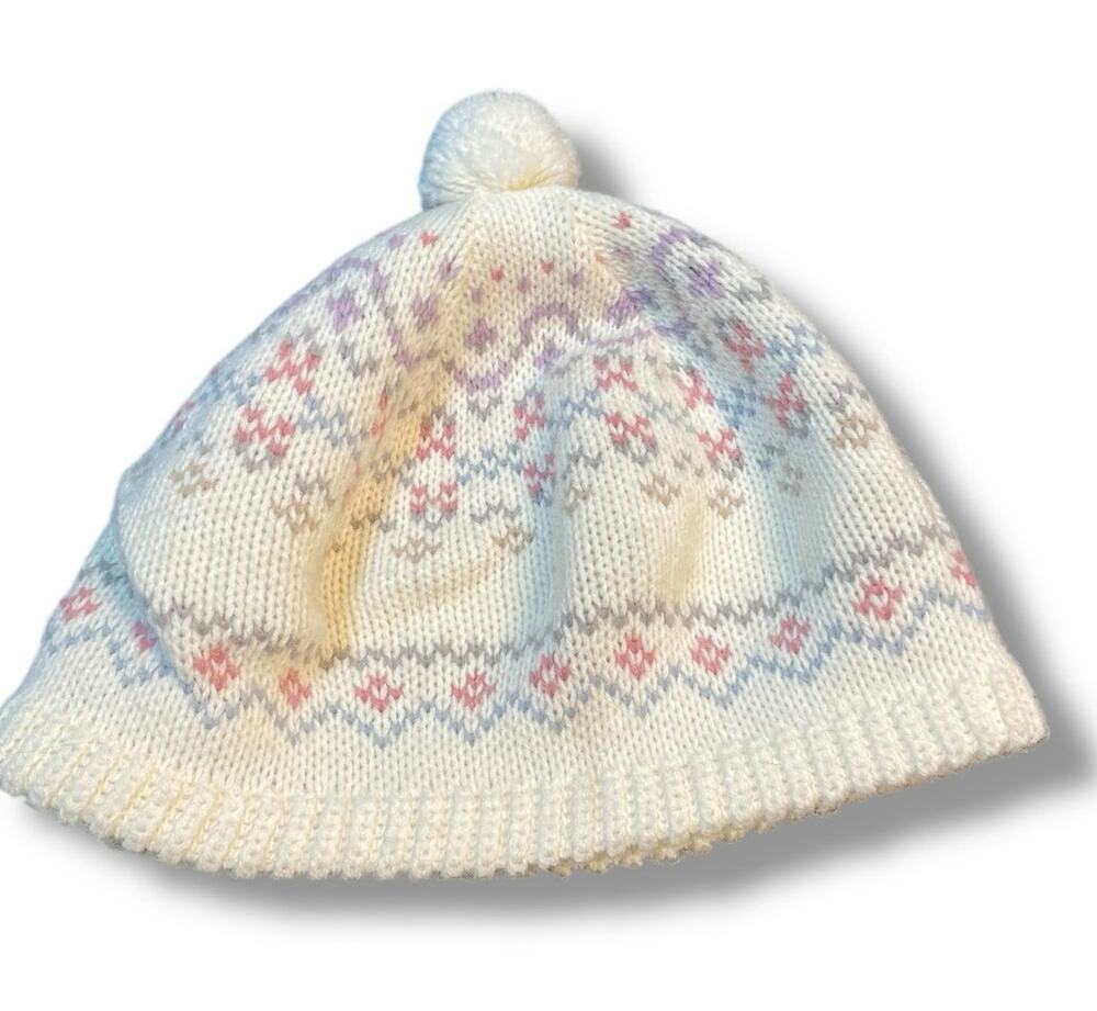 Hansen Knit Beanie Made in USA Pom Vintage Hat Apres Ski Cream Purple Retro